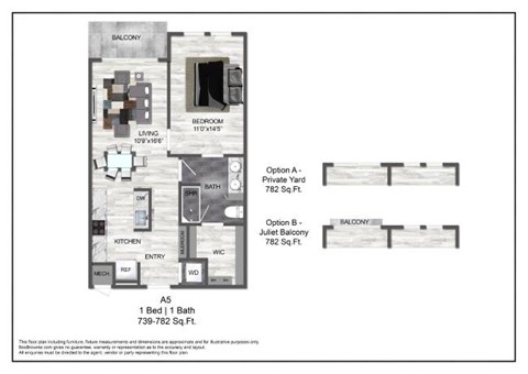 A floor plan for a one bedroom apartment with a balcony.
